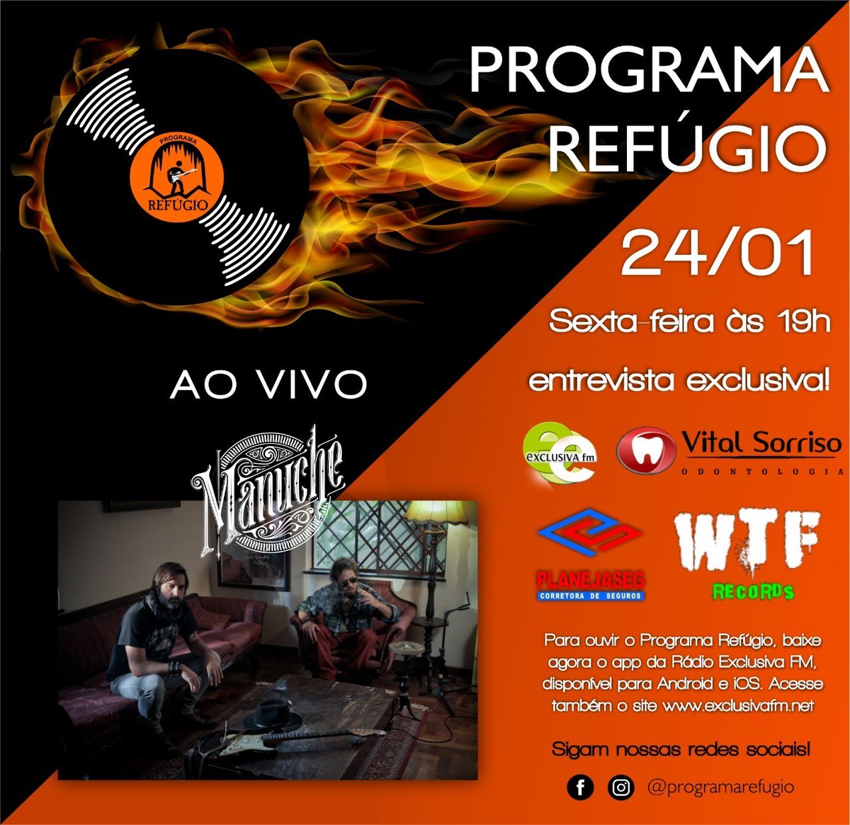 ManucheOficial's tweet photo. Hoje às 19h tem Manuche no @programarefugio com uma entrevista exclusiva! Pra ouvir é só acessar o site da Rádio Exclusiva FM ou baixar o app. Não perde! https://t.co/iV1gfZh454