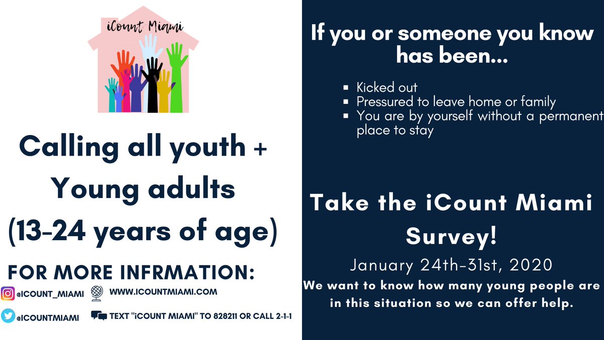 Many young people between the ages of 18-24 are experiencing housing struggles and are raising children on their own. We want to learn from you how we can change Miami for the better. Take the #iCountMiami survey! Call 2-1-1 or text “iCount Miami” to 898211 to learn more.