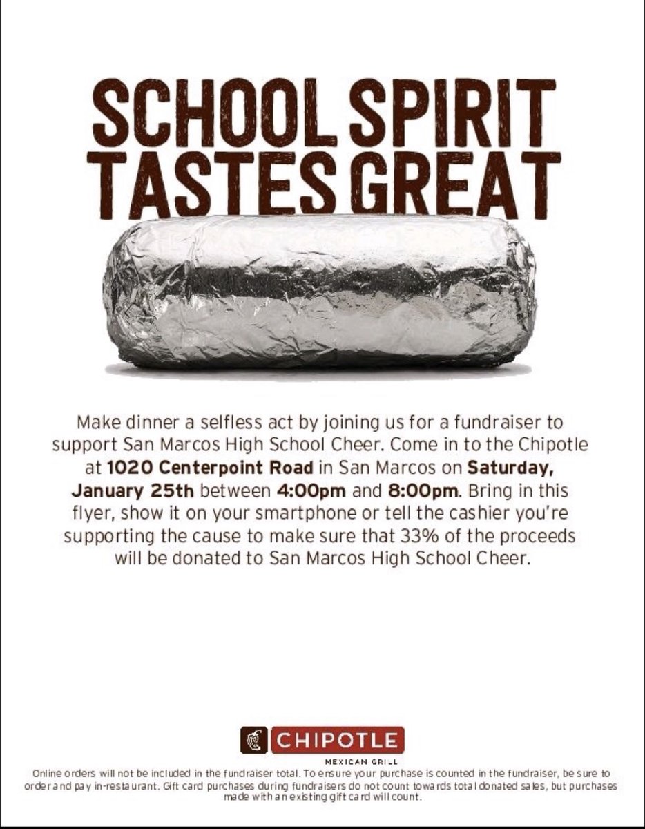 Support the San Marcos Cheer team by stopping by Chipotle (1020 Centerpoint Road) from 4PM-8PM on Saturday, Jan. 25. Mention San Marcos Cheer and the team will earn 33% of the proceeds. #SanMarcosCISD