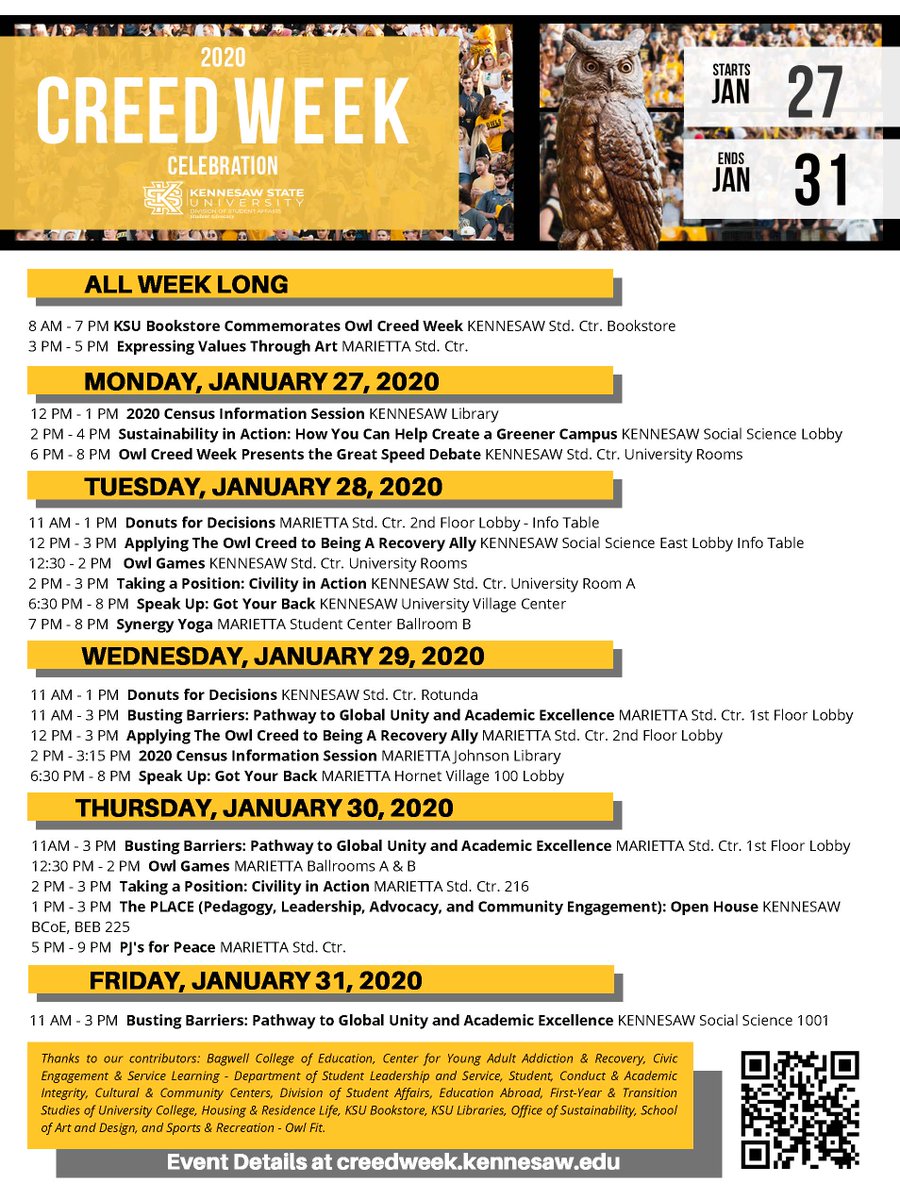 CHSS_Advising's tweet photo. Check out all the great events happening on both campuses next week for Creed Week! Bonus points for anyone that can correctly guess what year the Owl Creed was developed. #KennesawState #CreedWeek https://t.co/3rWmYryial