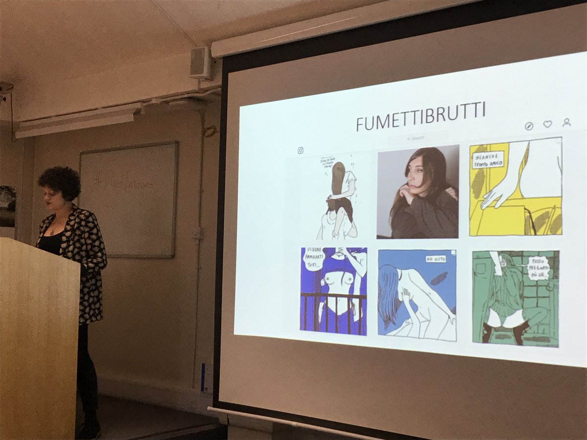 Nicoletta Mandolini presenting on postfeminist aesthetics in Fumettibrutti’s work, at Cardiff comics conference #FluidImages