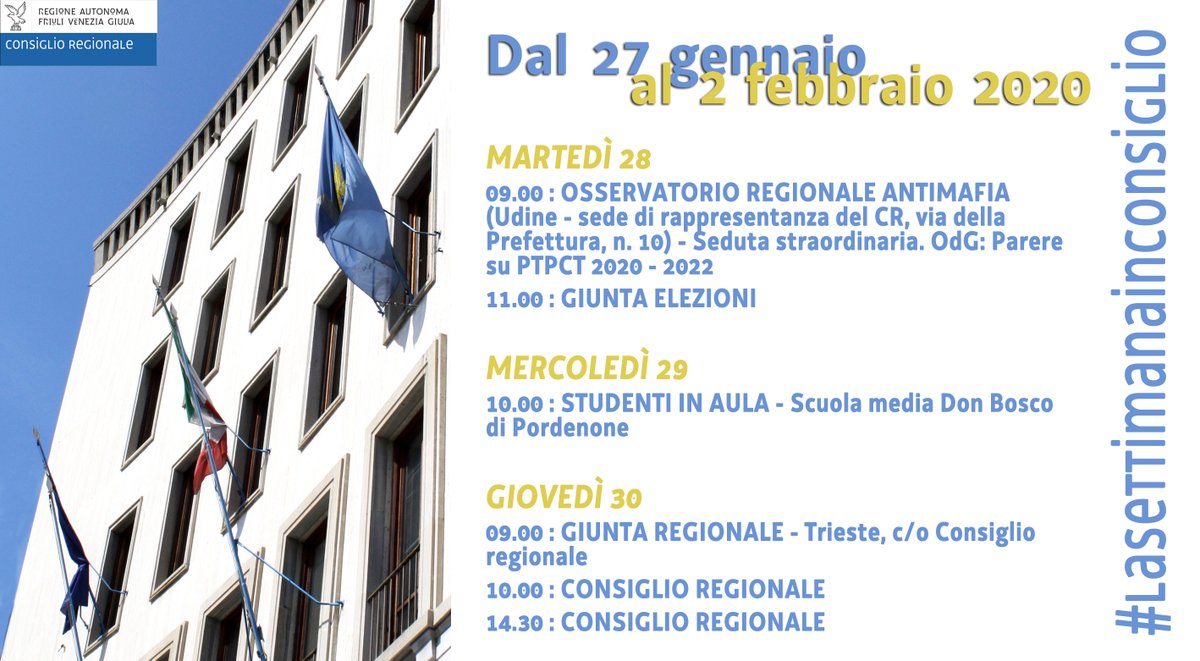 #LaSettimanaInConsiglio

Dal 27 gennaio al 2 febbraio 2020

✔Eventuali variazioni alle convocazioni della settimana vengono pubblicate nella seguente sezione del sito #CRFVG: https://bit.ly/2NVniGW 

✔Aggiornamenti nella sezione "Notizie" del sito: https://bit.ly/36A96e1