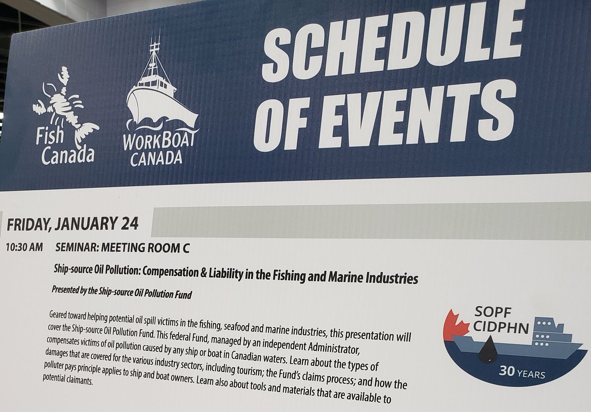 📣 Our seminar is about to start - don't miss out: 10:30am in Room C. 

If you can't make it, visit out Booth #533 to know how the federal Fund compensates oil spill victims🛢️in the #fishing #seafood &amp; #aquaculture.

#AtlanticCanada #nbpoli #cdnpoli #NB