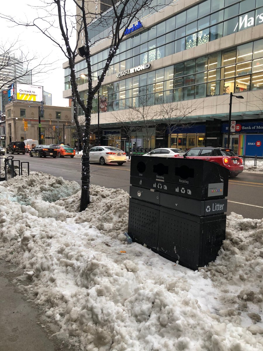 DowntownYonge's tweet photo. When it snows, our #CleanStreetsTeam shovels paths to litter receptacles so you can access them easily. We do our part to keep garbage off of the streets - please do yours! #YongeLove https://t.co/xhImqbf2qi