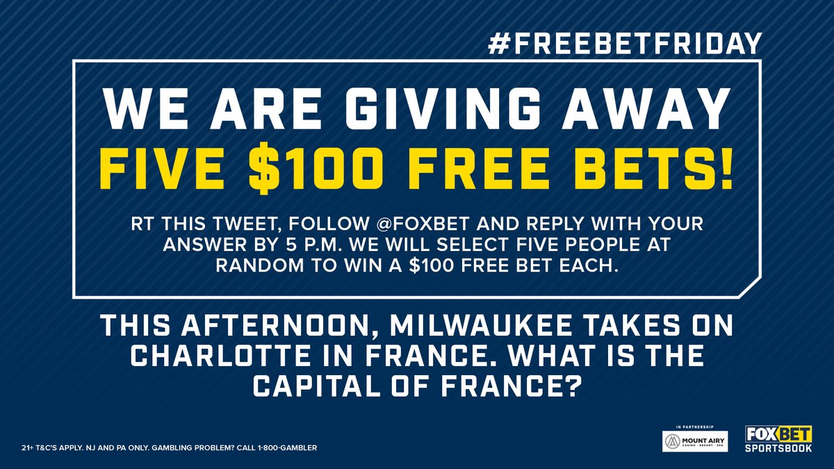 FOXBet's tweet photo. 🗣️ WIN A $100 FREE BET! 🚨

⤵️ Here's how to enter. ⤵️

1. RT this Tweet
2. Follow @FOXBet
3. Reply with the answer to this question: “What is the capital of France?”

5 randomly selected people will win a $100 free bet!

Answers must be made by 5 pm ET. Good luck! #FreeBetFriday https://t.co/b48j6l8c9G