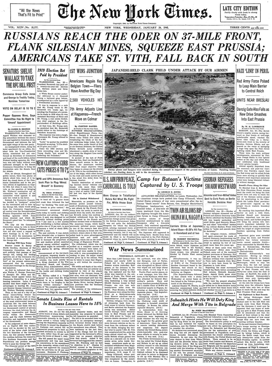 Jan. 24, 1945: Russians Reach the Oder on 37-Mile Front, Flank Silesian Mines, Squeeze East Prussia; Americans Take St. Vith, Fall Back in South  https://nyti.ms/38MwaqL 