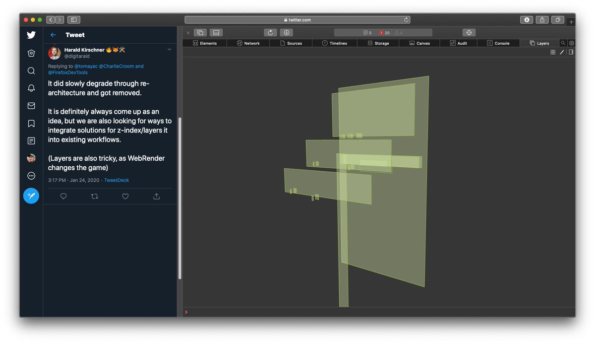 Safari Web Inspector showing a 3D layers view of a Twitter page.