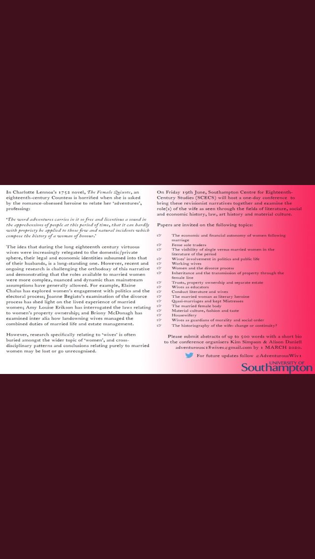 We are delighted to share this call for papers for <a href="/AdventurousWiv1/">Adventurous Wives</a> conference organised by <a href="/AmatoryAnon/">Dr Kim Simpson</a> and <a href="/Allie1Spencer/">Dr. Alison Daniell</a> at the University of Southampton on 19th June 2020!