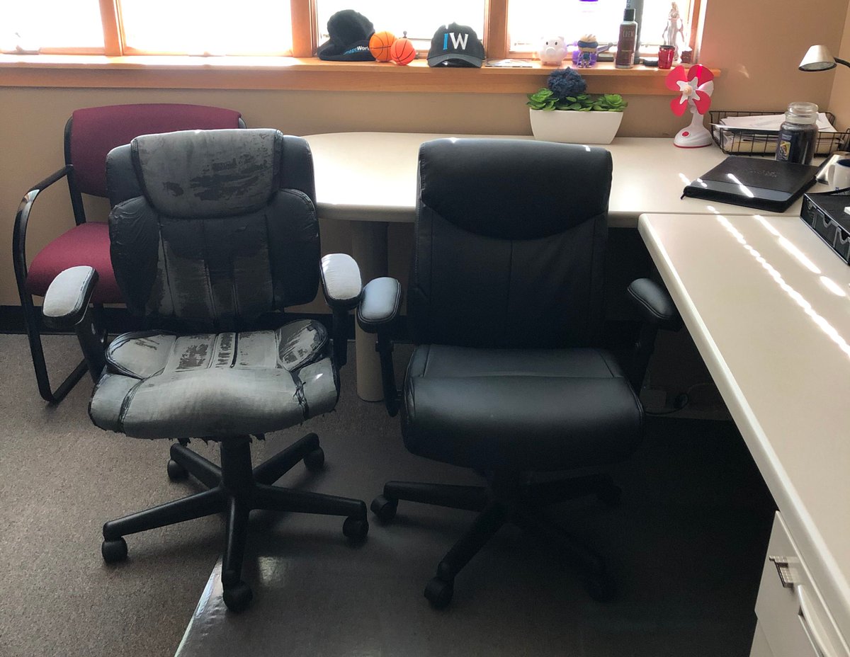 ImageWorksLLC's tweet image. Visual evidence of how hard our employees work! Today our employee Brandon (@Zero_Choquette) got a brand new office chair to replace his worn-out one.
#ImageWorks
