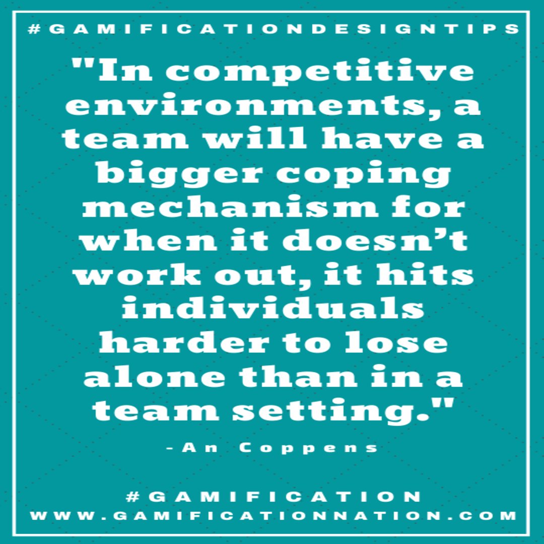 GamificationNat's tweet photo. Daily #Gamificationdesigntips: In competitive environments, a team will have a bigger coping mechanism for when it doesn’t work out, it hits individuals harder to lose alone than in a team setting.
#Gamificationdesigntip #Gamification #Design #Gamedesign #Gamedesigntip https://t.co/JB9I9dNBP2