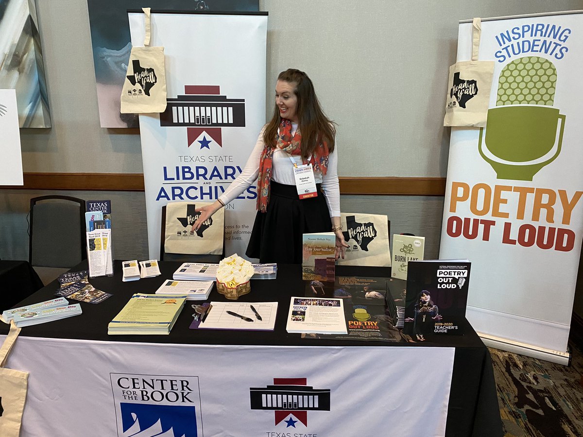 RebekahAManley's tweet photo. Hello @TCTELA Conference! Come by our #TXCenterfortheBook & @TXCommArts booth and to say “hi” and win a #ReadYall bag or a book from our #TXGreatRead author @Bartography #PD2Teach @TSLAC #tctela20 https://t.co/u7dMnAs8rK