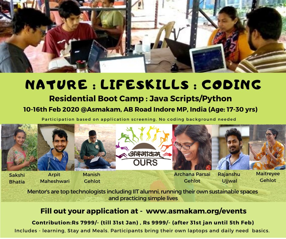 HackerFarmIndia's tweet photo. Explore #nature, learn #lifeskills, do #programming on a farm in #indore (10-16 February 2020)
#bootcamp #javascript #hackerfarm #asmakam #codecamp #indore #indorecity #sustainableliving #farm #india #digitalindia #startupindia https://t.co/qhwiYToAhn