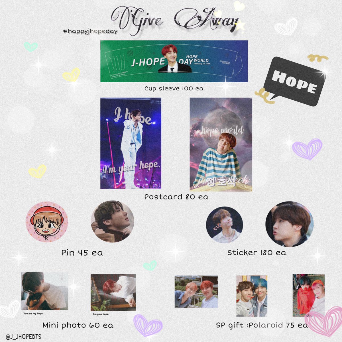 J_JHOPEBTS's tweet photo. 🎆🎆GIVE AWAY🎆🎆
❄️Cup sleeves 100 ea
❄️postcard 80 ea
❄️pin 45 ea
❄️sticker 180 ea
❄️mini photo 60 ea
🔥sp gift polaroid 75 ea
🌟location: siam discovery
🌟time:tba
💫💫 รีทวิตแล้วก็โชว์ให้เราดูด้วยน้า💫💫

💥💥ใครต้องการแลกรบกวนอ่านเมนชั่นต่อนะคะ

#HappyJHOPEday #HappyHopeDay https://t.co/VXxxhNZ3u6