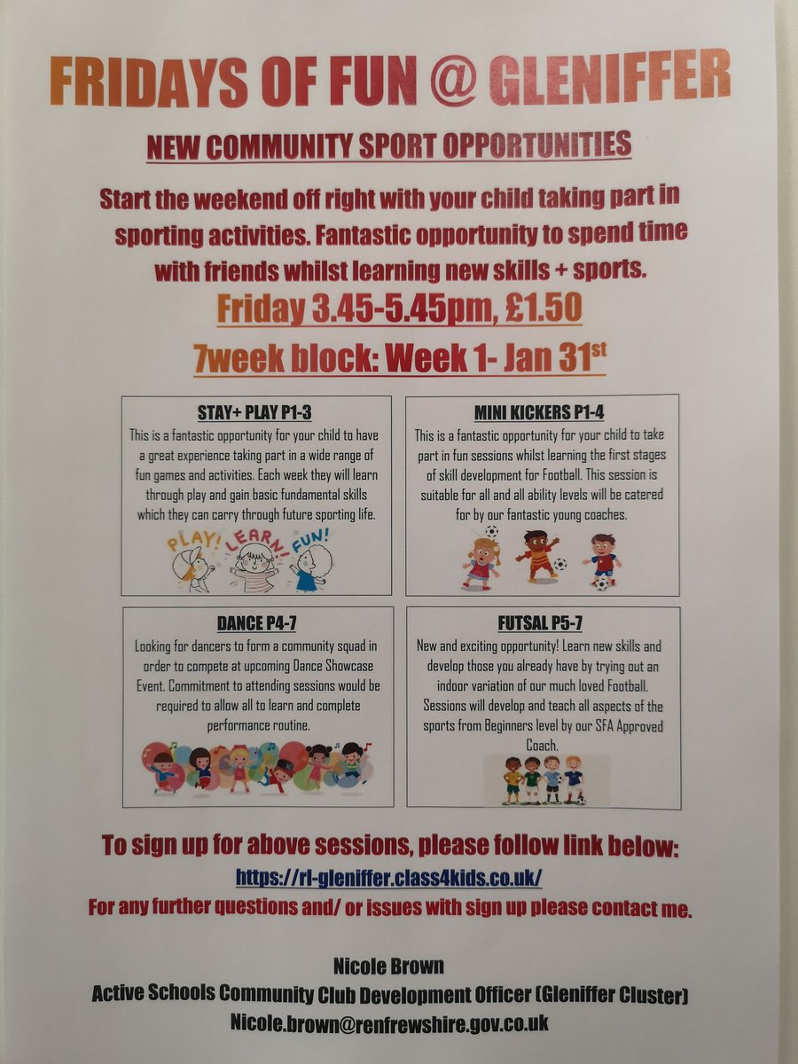 Only 1 more week before our New Community Clubs launch @GlenifferHigh 🙌🎉 still spaces for you to sign up and try out the new sessions that we have on offer ⚽💃🤹‍♀️⚽
To sign up for these please follow the link below:
Rl-gleniffer.class4kids.co.uk #RLSCHOOLSPORT