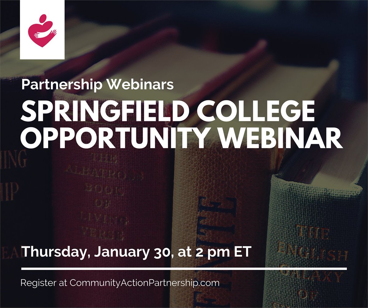 The Partnership and <a href="/SpfldCollege/">Springfield College</a> School of Professional &amp; Continuing Studies have solidified an agreement in which staff of CAP member agencies can access education &amp; training. Join us Thursday, Jan. 30 at 2 ET/ 1 CT/ 12 MT/ 11 PT to learn more. Register: bit.ly/2FUMN6W