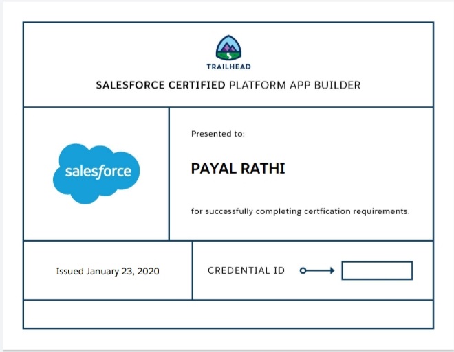 PayalRathi11's tweet image. Stepping towards one more achievement: #Certified #PlatformAppBuilder
Proud to be 2x #Certified😊
#salesforce #trailblazercommunity  #livingthedream #trailhead