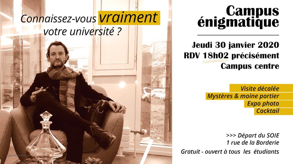 bu_rennes's tweet image. ❓Connaissez-vous vraiment le #fantastique #énigmatique #CampusCentre @UnivRennes1 ❓
#BURennes1, #SOIE et @scelva vous invitent à une visite décalée hors du temps...
RDV jeudi 30 janvier à 18h02 précisément au #SOIE, 1 rue de la Borderie➡️ En savoir + : bit.ly/campusfantasti…