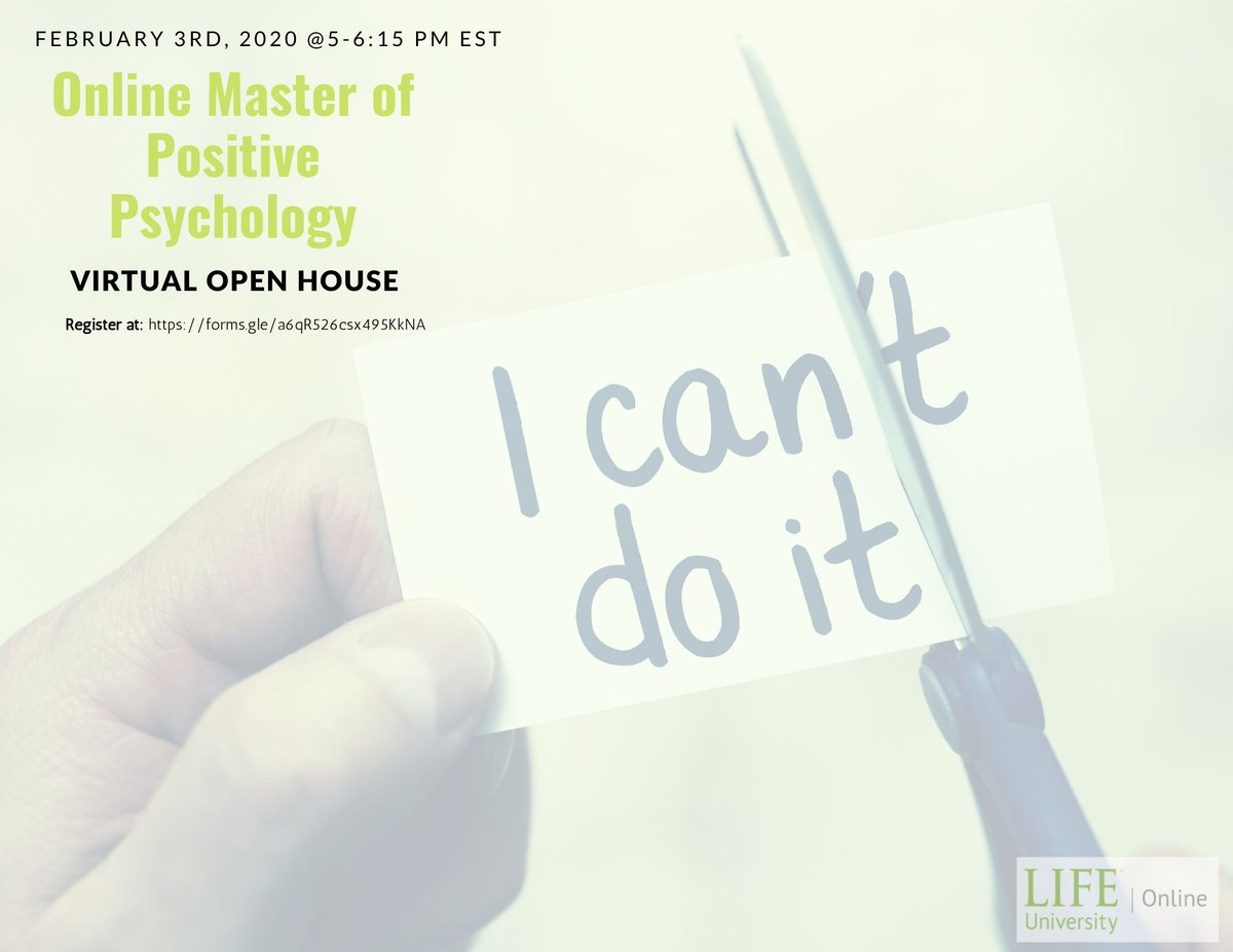 LifeUOnline's tweet photo. Would you like to learn more about the Life University Master of Science in Positive Psychology (MSPP) program? If so, sign up to join the February 3rd virtual open house. To register, please visit https://t.co/r2GPstWc7C #positivepsychology #lifeuonline https://t.co/ETr04OKHmh