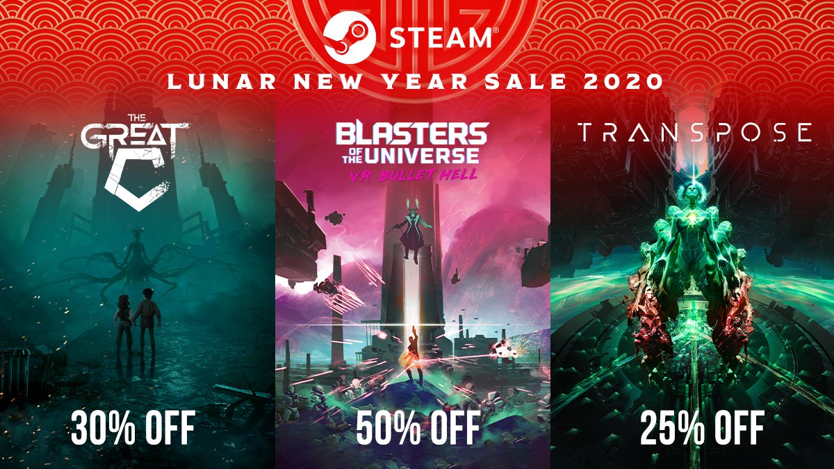 BlastersVR's tweet photo. The 2020 Steam #LunarNewYear sale is here! 
Get #BlastersVR 50% OFF now 'til January 27th @ 10am PST▶️ https://t.co/MLRlh71nRP 

 #PlaySecretLocation #SteamLNY2020 https://t.co/YeRyQqJn69