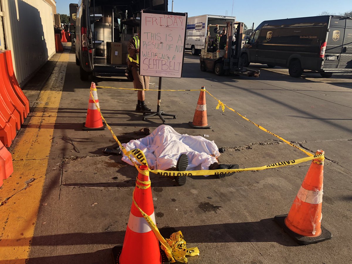Stafford’s Katy Center Seatbelt Demo: Driver chose not to wear their seatbelt and fell out the package car and someone ran over the driver. BUCKLE UP FOR SAFETY!!!