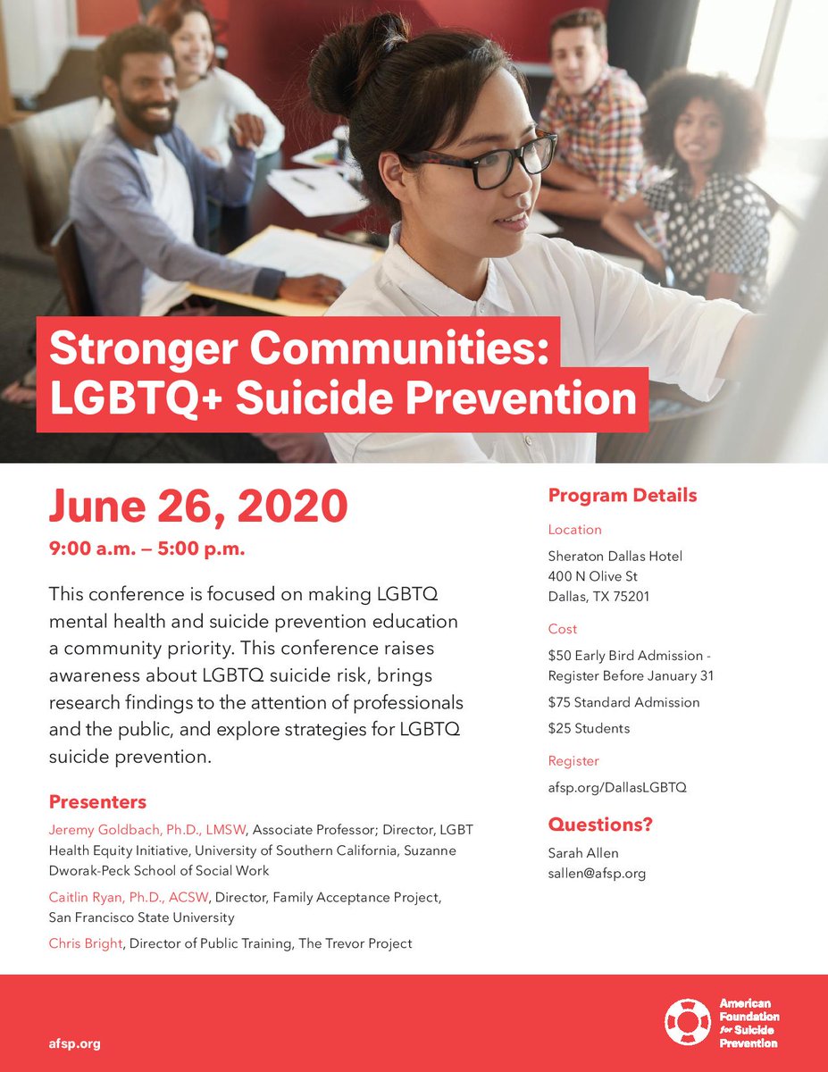 Early bird pricing for Stronger Communities ends in one week. Register today to take advantage of this deal at afsp.org/DallasLGBTQ