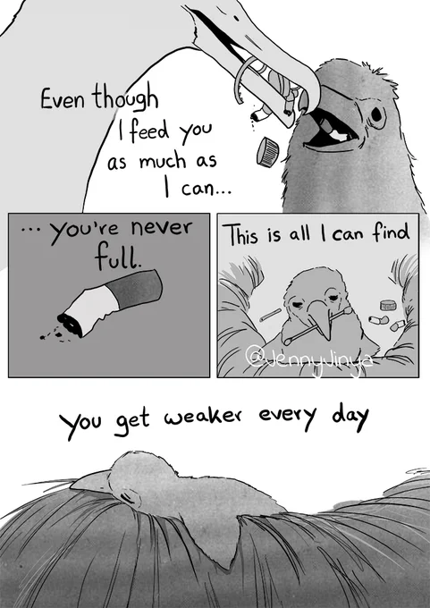 Short comic, while I work on something bigger on the side.
It is nevertheless a very important topic. A lot of seabirds die because they eat plastic. They feed their chicks with the waste. It's really tragic.
1/2 