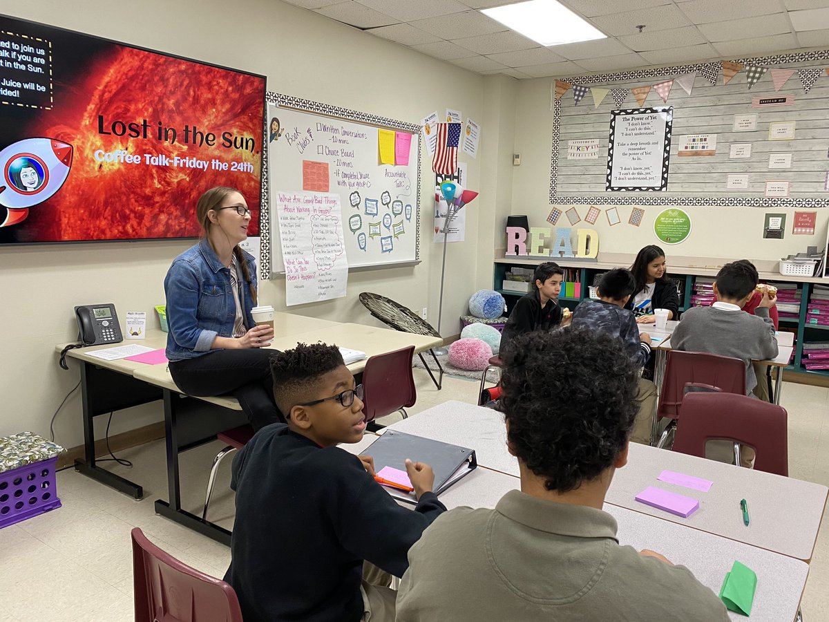 Cre8ive_Reading's tweet photo. Coffee talk this morning with book club students reading Lost in the Sun was amazing! Great discussions and amazing company! @VMSVikings @ELARinMISD @wockawocka5 #literacy #bookclubs #readplaytalk #discussions #questioningthetext #connections https://t.co/qCj5Mb27F7