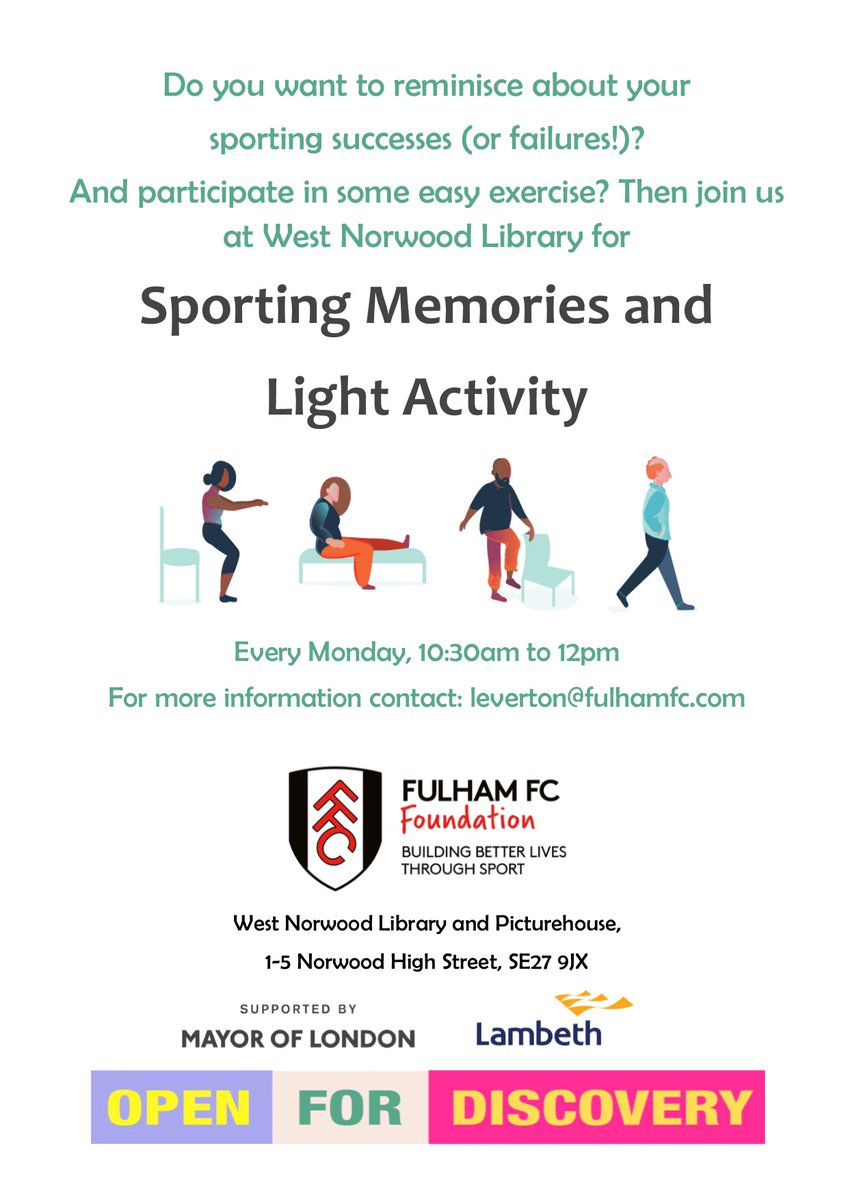 wnorwoodlibrary's tweet photo. Come and share your sporting memories and take part in a little light exercise. This is organised by Fulham FC Foundation, building better lives through sport.@WN_FEAST @SE27Parents @westnorwoodnews #lamlibs @_LambethLife #Station2Station @Centre70 #FoWNL https://t.co/Y9D9WCU7Th