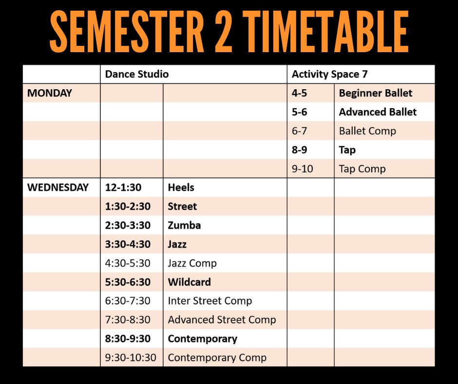 Welcome back to Liverpool and well done we’ve made it through exam season!! 
Classes start on Monday (27th) can’t wait to see you all soon 🧡

(Please let us know ASAP if you are on a comp team and cannot make your rehearsal time)