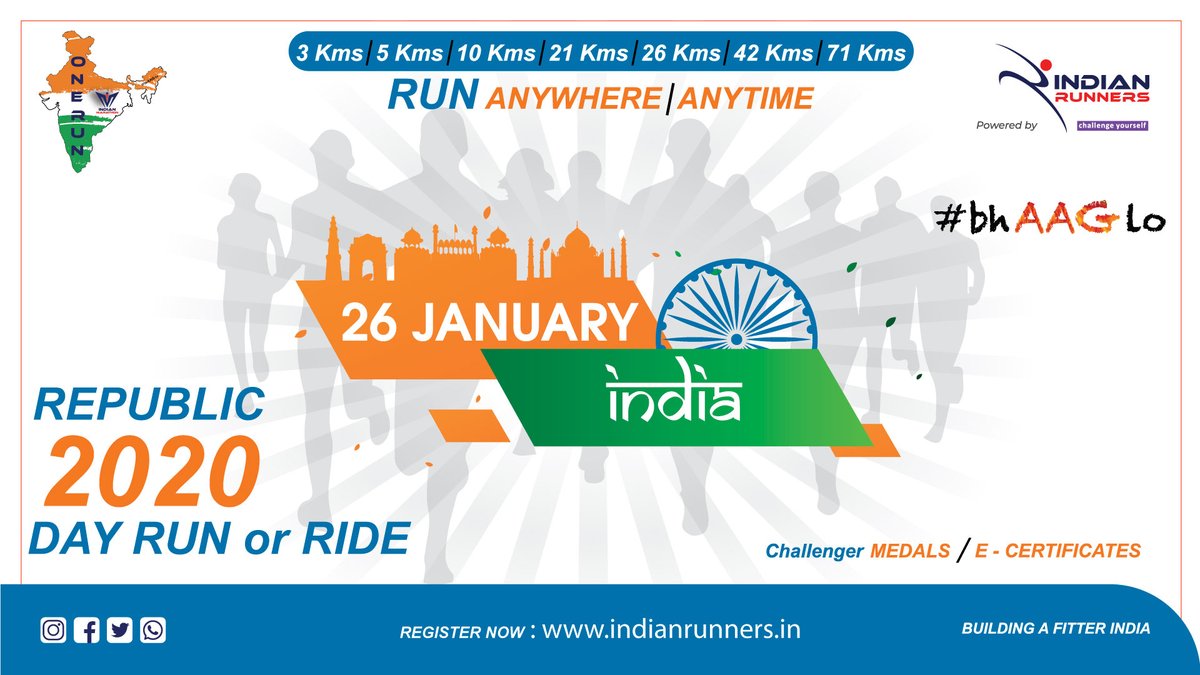 Bhaaglo's tweet photo. Republic Day RUN or RIDE 2020
#onerun with Indian Runners
🏃🏻‍♂🏃🏻‍♀🚴🏻‍♂🚴🏻‍♀ Anywhere, Anytime
Run your Target Kms 
3/5/10/21/26/42/71 Kms
Register @ https://t.co/XnASe3QO43

#bhaaglo #indianrunners #indianmarathon #onerun #indiancyclothon #challengeyourself #running #fitness https://t.co/SZxpLaBWHo