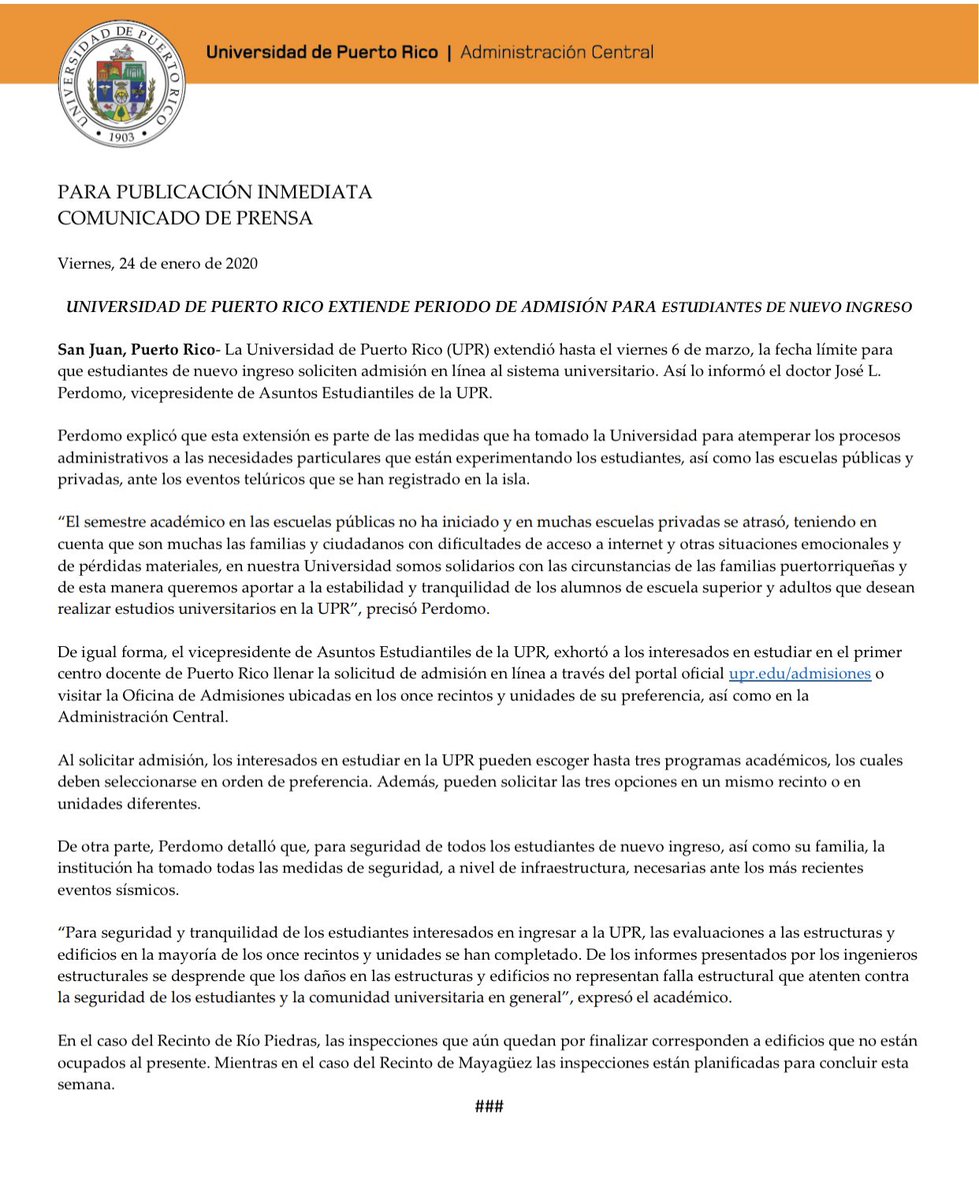 [Comunicado] | La Universidad de Puerto Rico extendió hasta el viernes 6 de marzo, la fecha límite para que estudiantes de nuevo ingreso soliciten admisión en línea al sistema universitario.