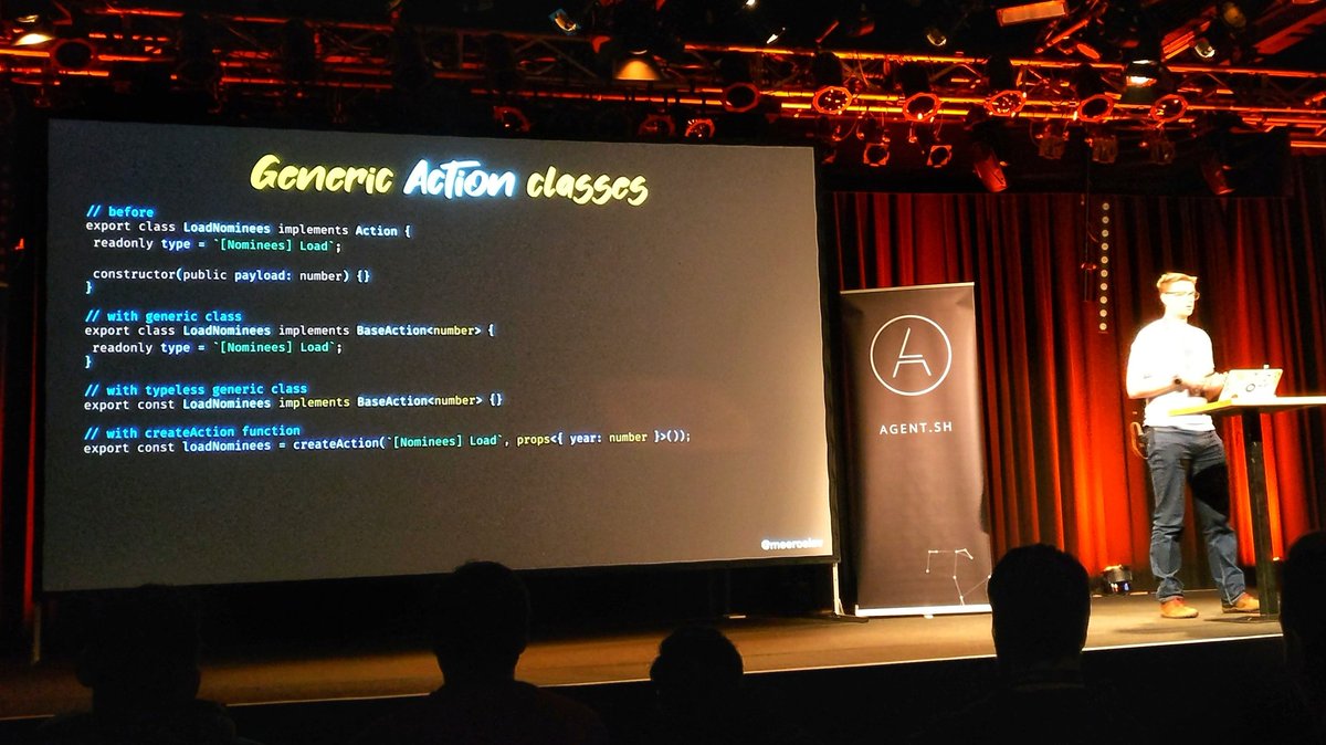 Miro presenting his talk on generics with angular typescript code example shown on the screen