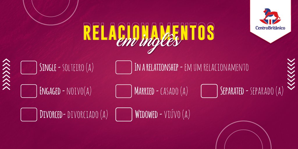 CentroBritanico's tweet photo. Relacionamento, sinônimo de alegria 😀 ou “sofrência” 😅(rs), qual o seu status nesse momento? 

#relacionamentos #status #inglês #english #idiomas #idiomasaoalcancedetodos #studyenglish https://t.co/ptQKV0P46L