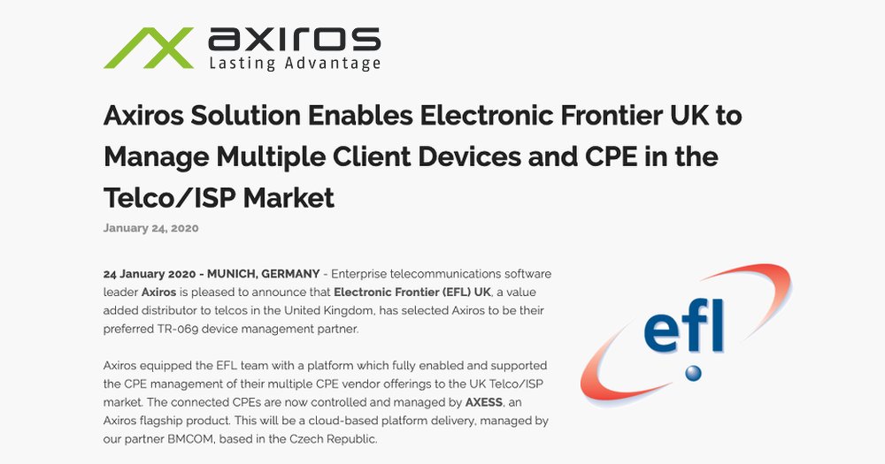 HOT OFF THE PRESS: #Axiros Solution Enables @elecfron to Manage Multiple Client Devices and CPE in the Telco/ISP Market. #DeviceManagement #IoT #tr069 #USP #tr369 #ACS #QoE Read more: ow.ly/Fv4R50y476W