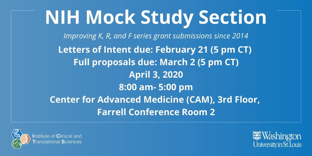 WUICTS's tweet photo. Attn @WUICTS members! The NIH Mock Study Section is back!  Letters of intent due 2/21.  If accepted, full proposals due 3/2. Mock study section scheduled for 4/3.  Check out all the details here: https://t.co/EhdJ61kcKk #CTSAProgram https://t.co/ppNnk53kne
