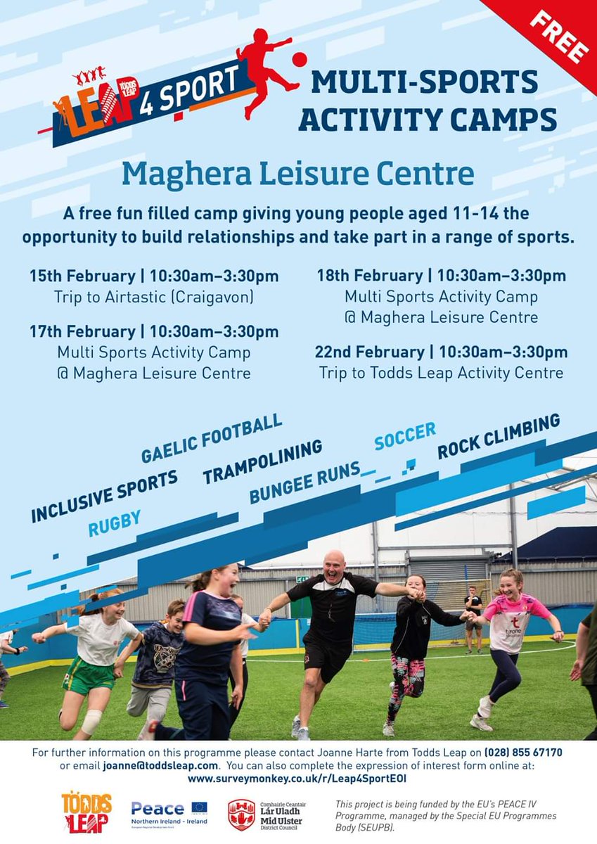 FergalsInsights's tweet photo. Brilliant Multi Sports Activity programme for young people aged 11-24 years provided by @MidUlster_DC and delivered by @Toddsleap_com heading to Maghera for Mid Term, supported by @SEUPB. See details for how to register interest. https://t.co/kHXI8LgPv8