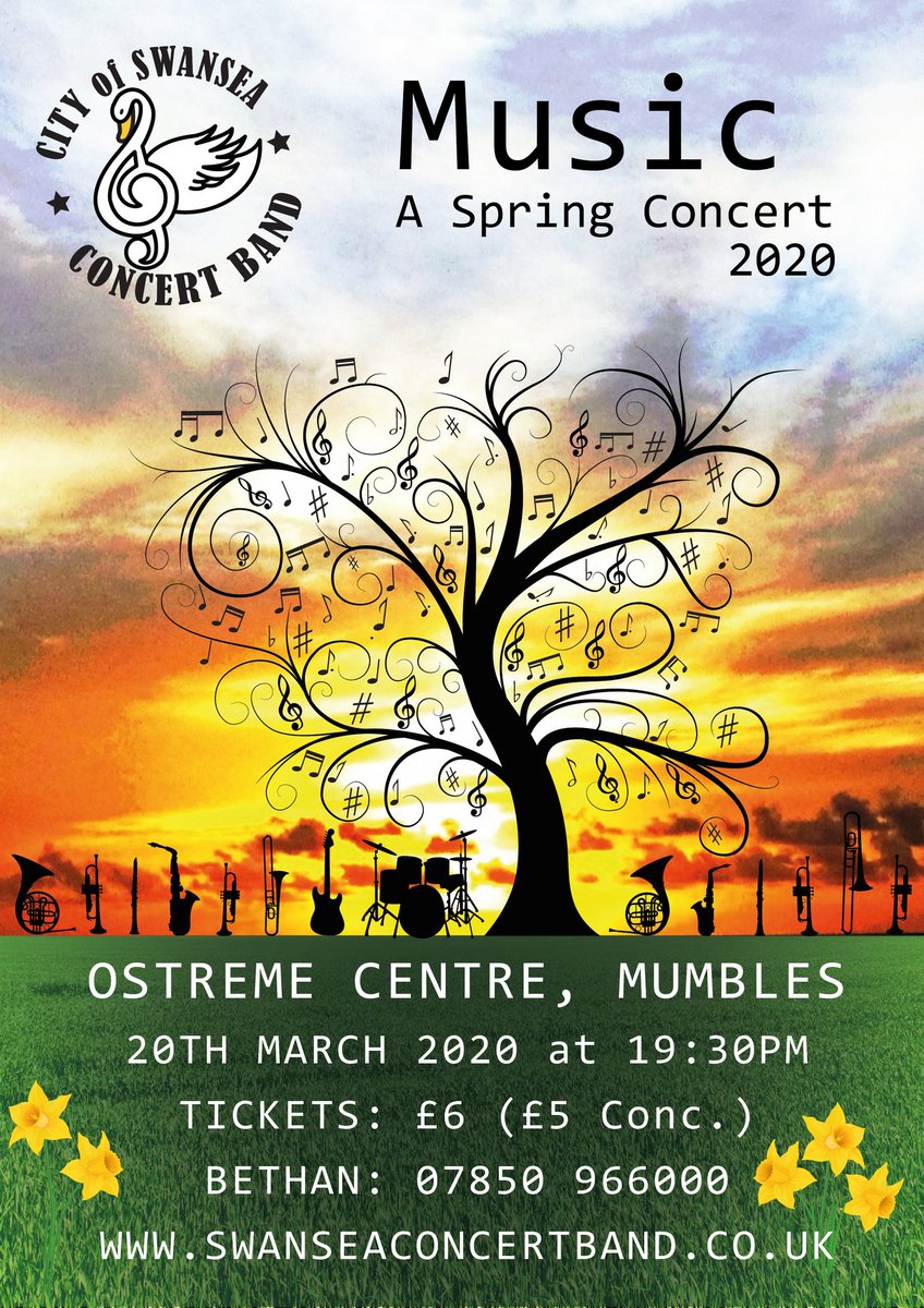 SwanConcertBand's tweet photo. We'll be at the Ostreme Centre, Oystermouth on 20 March for a spring concert. Details of the concert and proposed programme attached. As you'll see it's varied music which will suit all tastes.
Please get in touch if you would like to come along https://t.co/Kne40CExCA