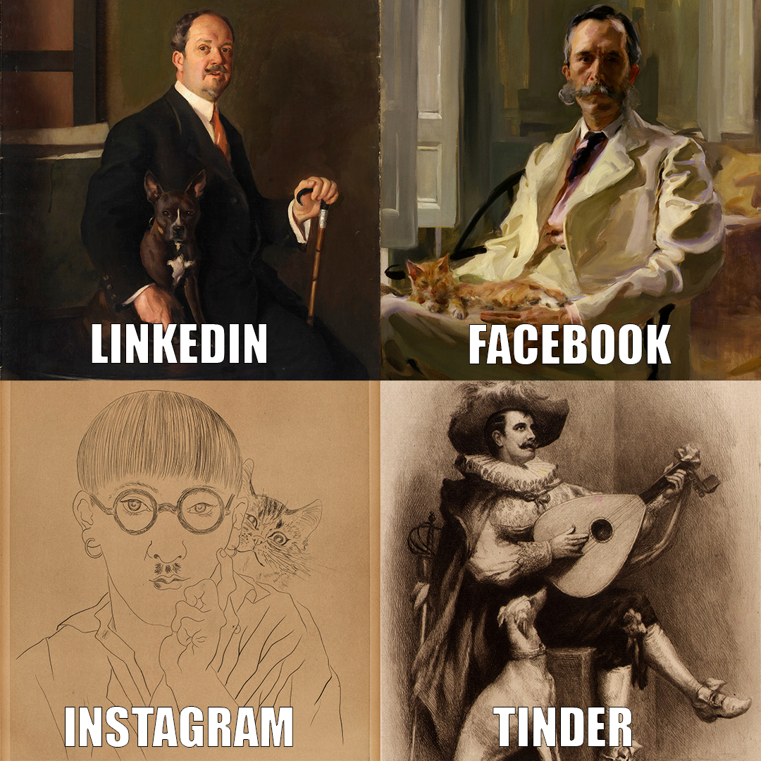 Four portraits of men with dogs and cats, arranged in a grid, labeled Linkedin, Facebook, Instagram, and Tinder.