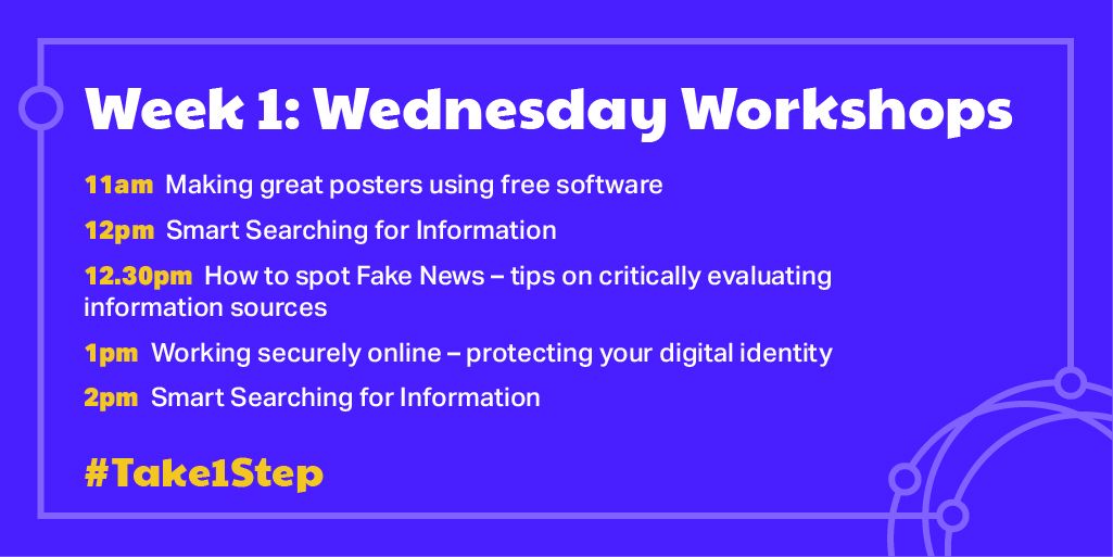 Confirm_SMART's tweet photo. Learn essential Digital Skills with the UL Library's #Take1Step programme – FREE digital skills workshops in Weeks 1, 2 and 3!
A packed programme of workshops led by librarians, guest speakers and students!
#StudyAtUL #beSMART @UL https://t.co/jRXDagX40T