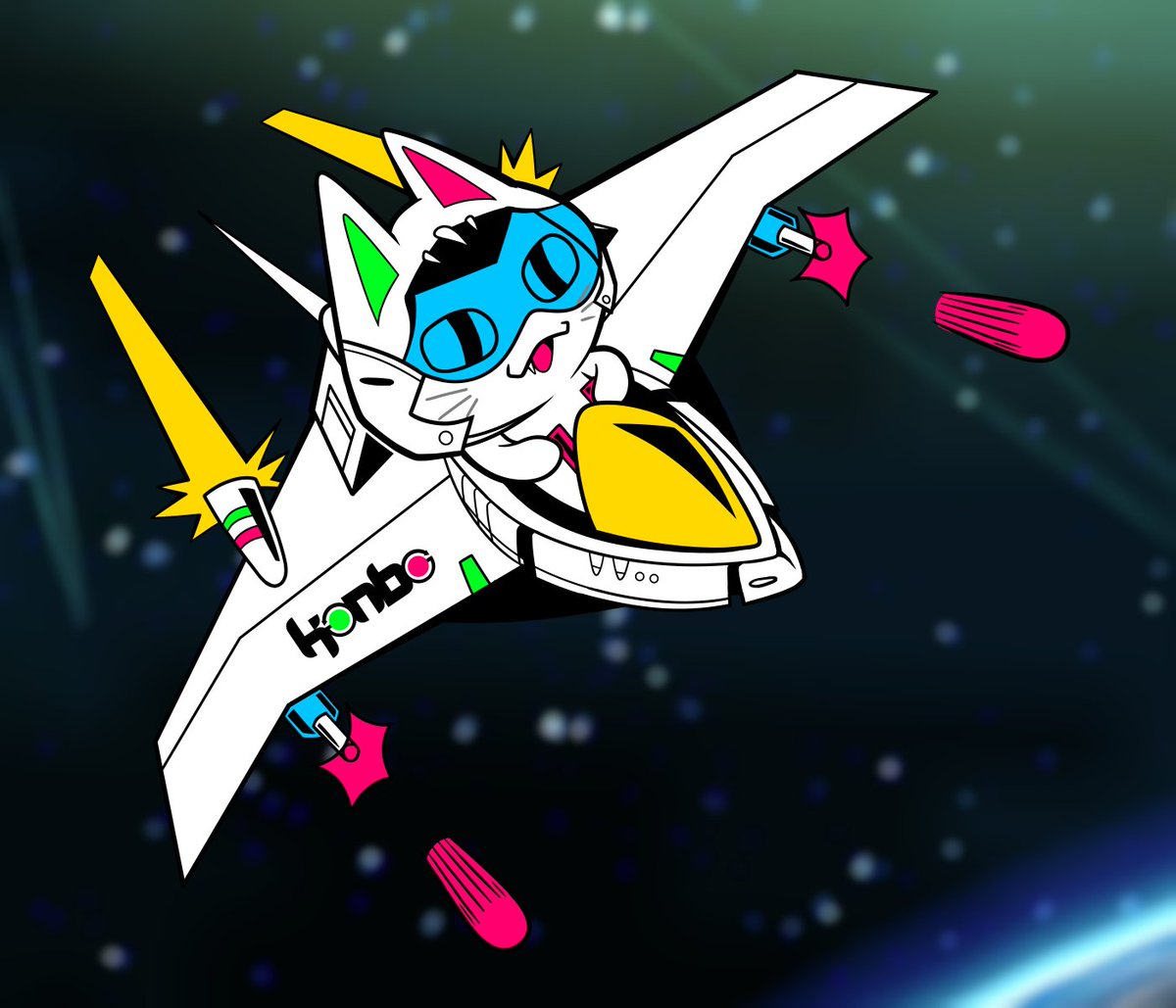 Check out Konbo Kat in shmup mode by <a href="/KamealKonrad/">Kamil Konrad</a>! We'd hoped to put this on a badge or shirt but there wasn't time, so please enjoy the image. And go follow Kamil, his work is great 🚀💥💥💥 #shmups #STG