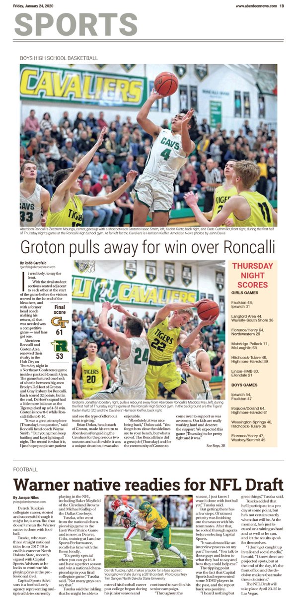 AberdeenNews's tweet photo. Today's Sports #PageOne:
🏈 #WarnerSD native Tuszka readies for @NFL draft
🏀 #GrotonSD pulls away for win over Roncalli
🏀 Thursday night scores from area games
Find more headlines online at https://t.co/vSi9l2m7sP https://t.co/wzJeS6tFQA