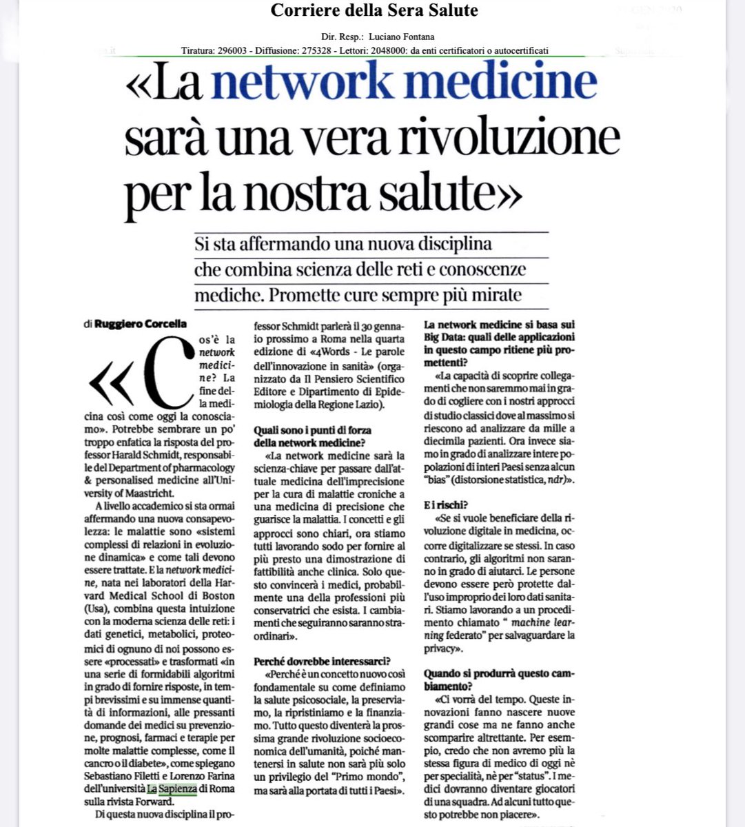 Stitch_Sapienza's tweet photo. Su @Corriere_Salute si parla di #networkmedicine e del progetto @forwardRPM con l’intervista a @sebastianofil e Lorenzo Farina - @Stitch_Sapienza, presenti a #forward20 il 30 gennaio
@SapienzaRoma https://t.co/2WYPpAJO7L