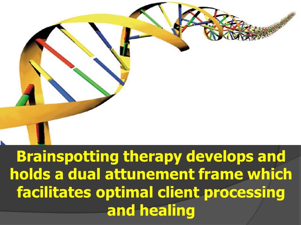 The #DualAttunementFrame-Containment provided for client by therapist's simultaneous #attunement to the relationship &amp; #Brainspot. The frame allows the client to effectively use the adaptive nature of their #nervoussystem to locate whatever is unhealed &amp; to resolve it internally.