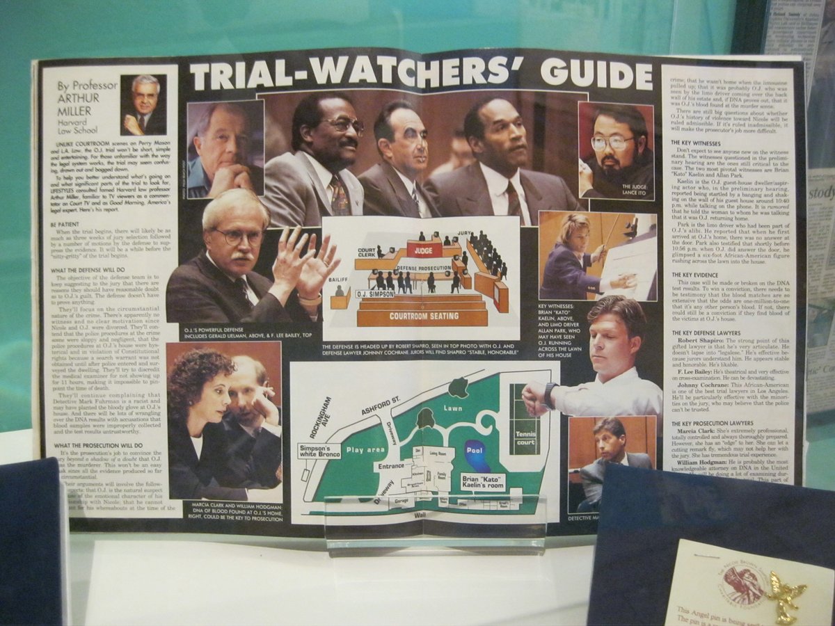 Photo of a two-page magazine spread on display in museum exhibit. Magazine is from 1995 -- the title of the article is "TRIAL WATCHERS GUIDE" by Professor Arthur Miller of Harvard Law School and features photos of OJ Simpson and key trial lawyers, including Johnnie Cochran, Marcia Clark, and Robert Shapiro; Judge Lance Ito; key witness Brian "Kato" Kaelin; and diagrams of the courtroom and the crime scene