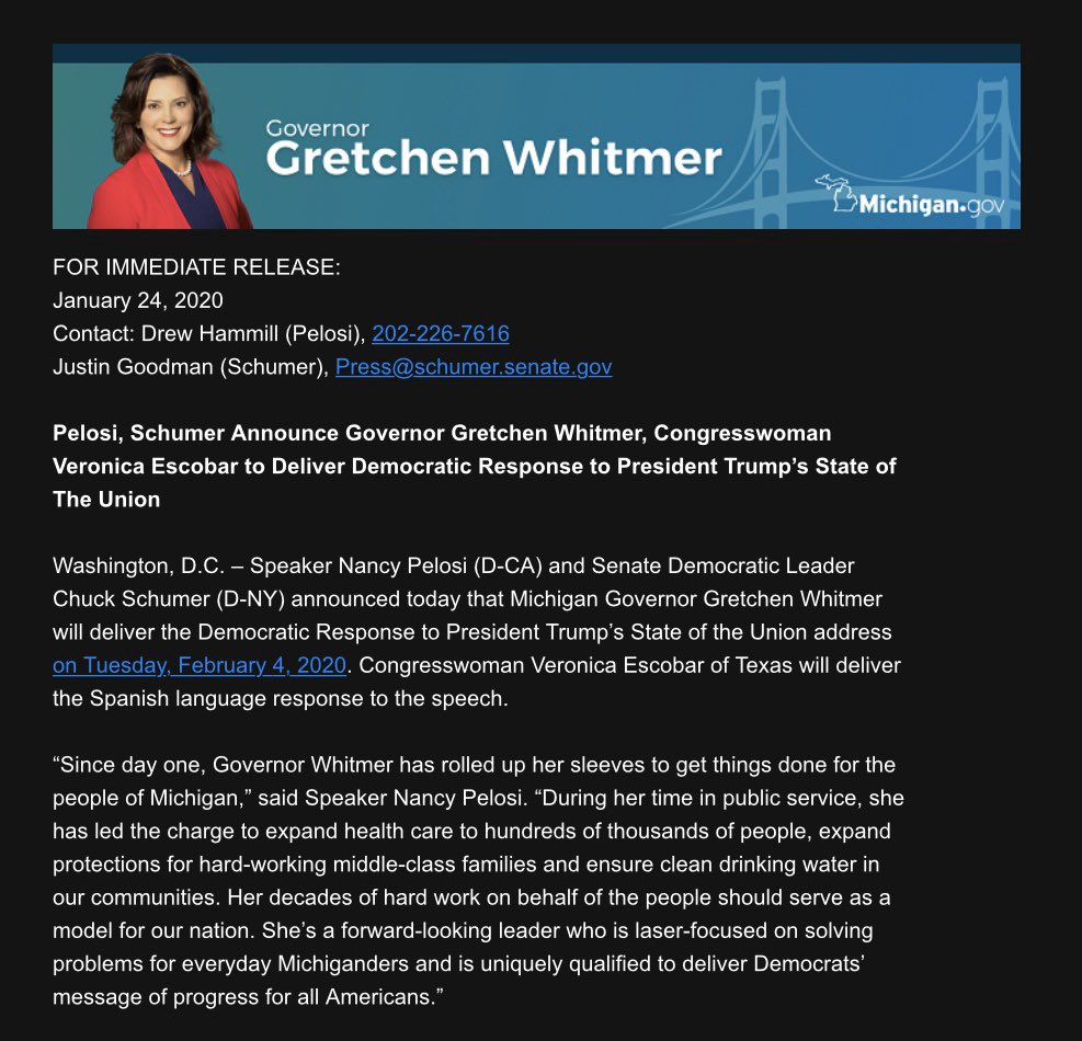 LtGovGilchrist's tweet photo. There’s no better person to deliver the State of the Union address rebuttal than @GovWhitmer. She’s focused on the kitchen table issues that matter most to families across the country, and that’s exactly what our nation needs right now. #StandTALL https://t.co/8x34e59zXh