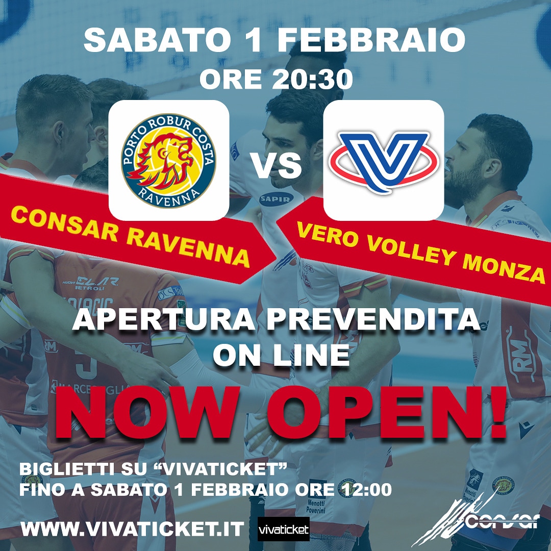BIGLIETTI ONLINE per il match Consar Ravenna 🆚 Vero Volley Monza disponibili su "Vivaticket" fino a sabato 1 febbraio ore 12.00 ‼️🦁🎟
#consarravenna #avantileoni #volley #volleyball #ravennamonza