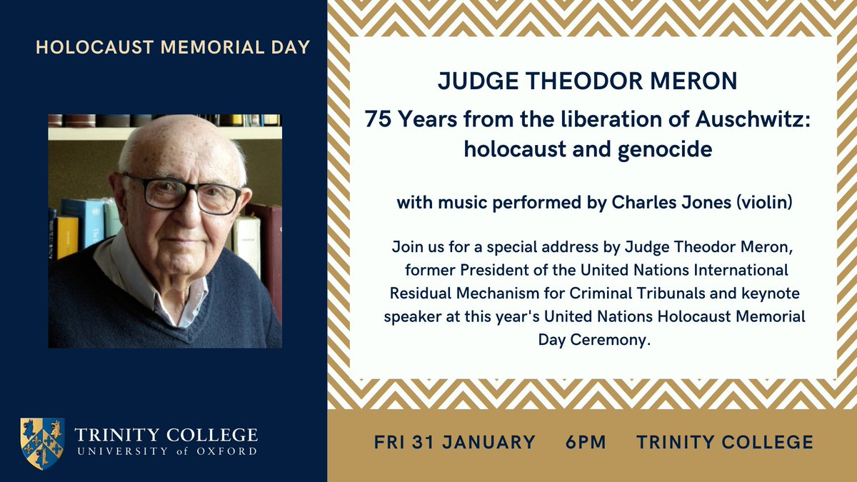 Poster advertising Judge Theodor Meron's Holocaust Memorial Day Lecture in Trinity College, on Friday 31 January at 6pm.