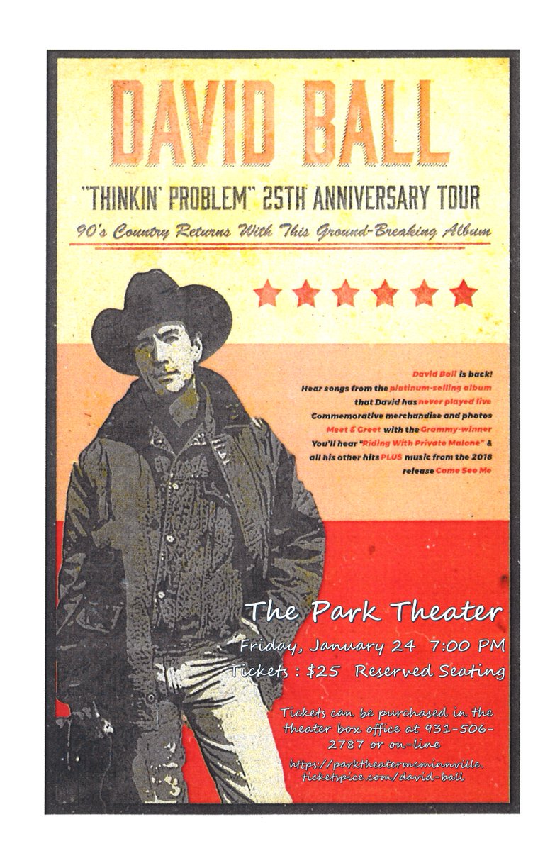 davidballmusic's tweet photo. It's show day! Come see us tonight at the beautiful #ParkTheater in @McMinnvilleTenn Doors open at 6:30, show starts at 7. Thinkin' Problem 25th Anniversary tour stops here! Tickets: https://t.co/k3dxol5TAW #Thinkinproblem #90scountry #classiccountry #livemusic #singersongwriter https://t.co/HmFJWxhPNW