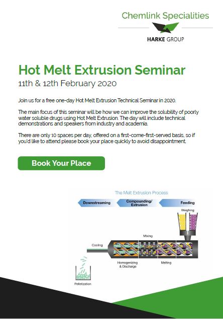 You are interested in Hot Melt Extrusion for pharmaceutical products? Our Pharma team from <a href="/chemlink/">cat</a> will hold a free of charge seminar with hands-on demonstrations in Feb 11th and 12th 2020. Information and registration: lnkd.in/dN92_KG 
#TheRightChemistry