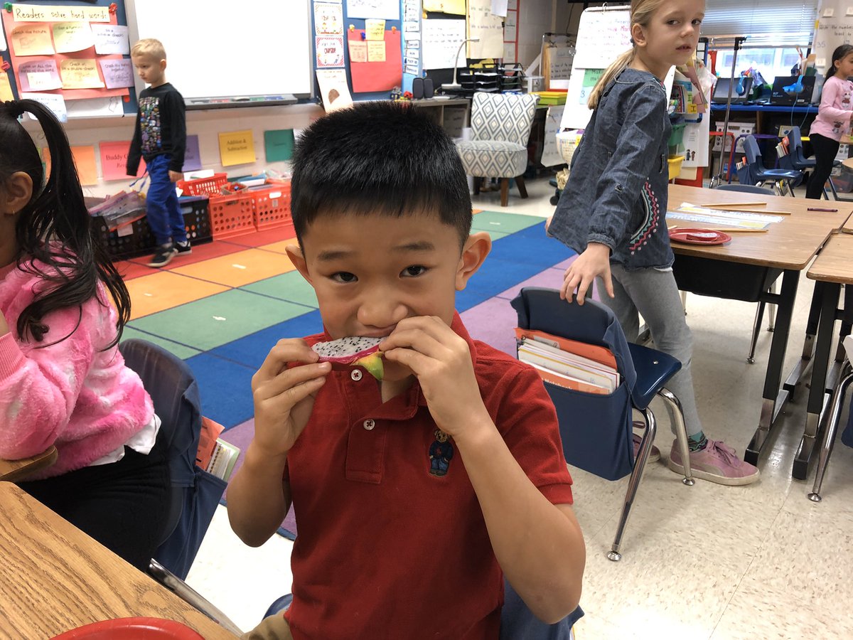 MrsKardos's tweet photo. We celebrated Chinese New Year with a story, dumplings, and dragonfruit. We even practiced using chopsticks! We loved learning about another culture! We were so lucky to have a parent come in and share. @TimberLaneES https://t.co/nJDcu7wEgT